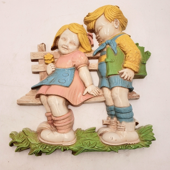 Vintage Homco Boy Girl On Bench Resin Wall Decor Retro 10 inch 1977 Children - Picture 1 of 10